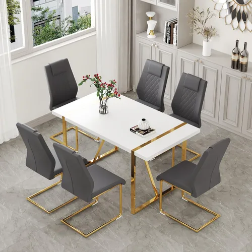 Miniatura 27 de Juego de mesa de comedor moderna de 55 pulgadas para 4, mesa de comedor negra y marco de metal dorado, mesa de comedor rectangular con 4 sillas