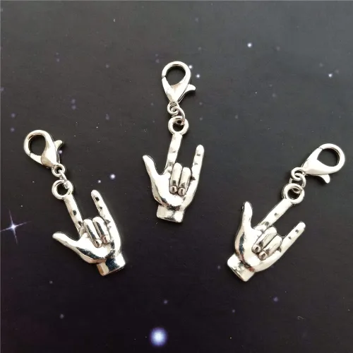 Miniatura 2 de 3 piezas I Love You Clip on Charm Zipper Pull, ASL Charm, Gesture Hand Pendant, Color Plata Antiguo