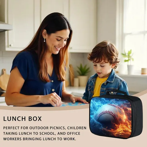 Miniatura 9 de Lonchera para niños, con aislamiento de béisbol, para niños, adolescentes, niños y niñas, con bolsillo con cremallera, bolsa de almuerzo portátil