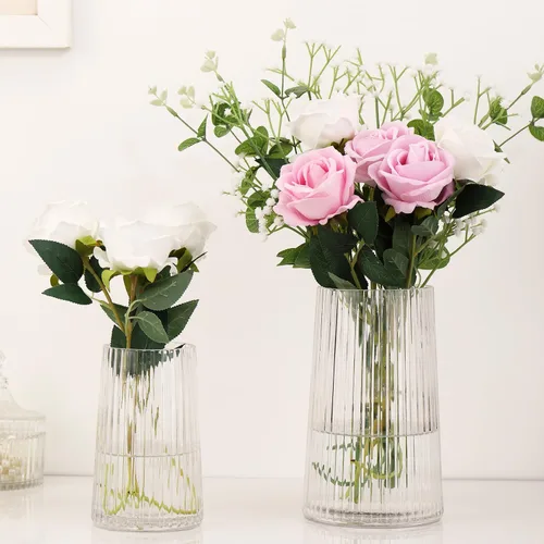Miniatura 21 de Jarrón de vidrio ámbar para flores, florero para ramo, jarrones de vidrio modernos, jarrones acanalados para sala de estar, dormitorio, mesa