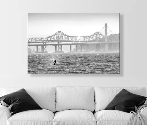 Miniatura 5 de Impresión de Windsurf en el puente de la bahía de Oakland en blanco y negro
