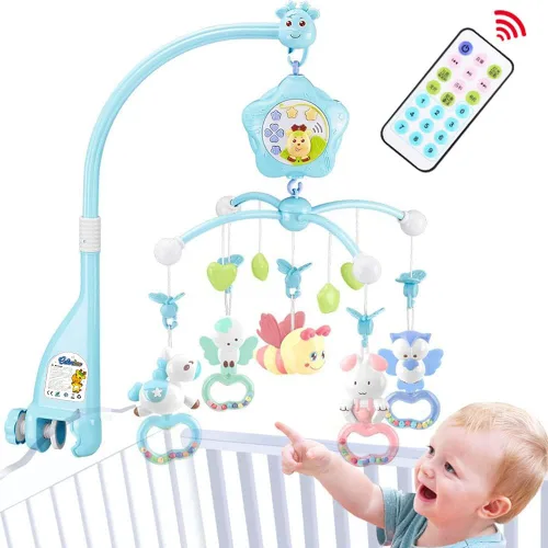 Móvil colgante para cuna con luces y música, control remoto, proyector, regalo para recién nacidos de 0+ meses (Blue-Bee)