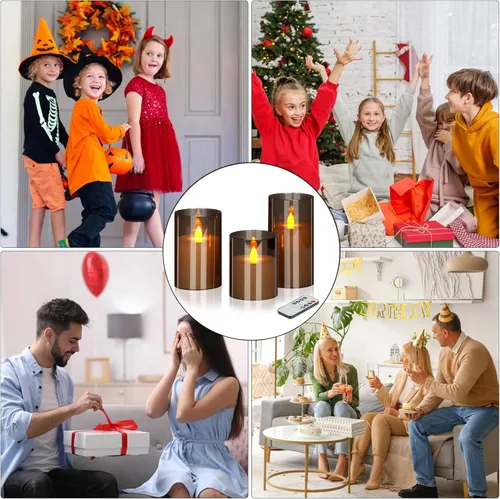 Miniatura 3 de Wemarry - Juego de 3 velas LED sin llama con control remoto, funcionamiento a pilas, pilares acrílicos grises de 4, 5 y 6 pulgadas de alto x 3