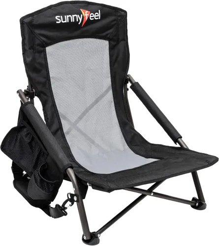 SUNNYFEEL Silla de playa baja plegable para adultos, sillas de camping de playa ligeras portátiles con soporte para tazas, reposabrazos, silla de