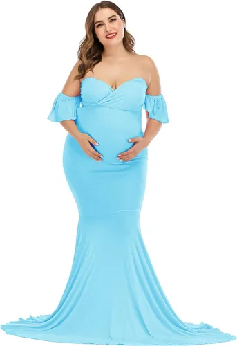 ZIUMUDY Vestido de maternidad con hombros descubiertos y elegante para sesión de fotos, vestido de sirena envolvente para baby shower