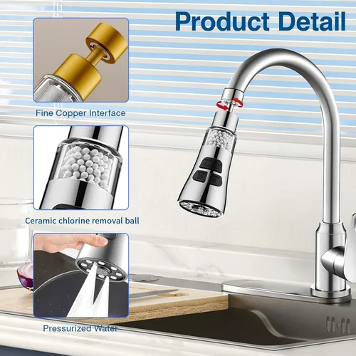 Miniatura 3 de Grifo de filtro de agua para fregadero, juego de filtro giratorio de 360° con 6 accesorios, extensor de rociador de 3 modos, purificador para quitar
