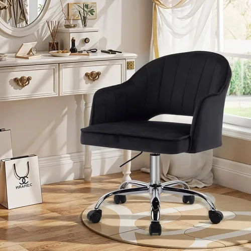 MOJAY Silla de tocador moderna con ruedas, silla de oficina en casa de terciopelo recortado de respaldo medio, asiento suave giratorio de altura