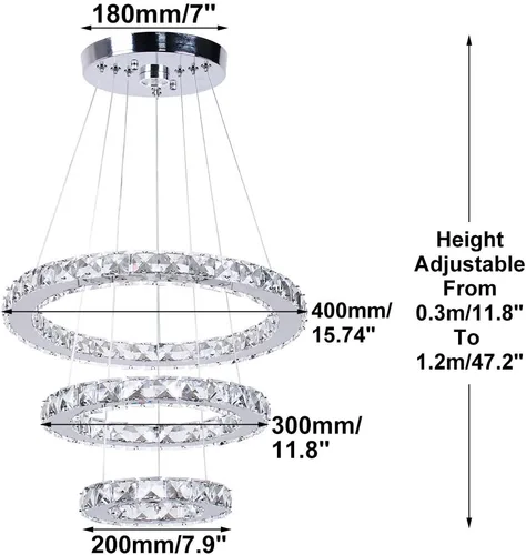 Miniatura 6 de Lámparas de araña LED de cristal, lámpara colgante moderna para comedor, lámpara de techo ajustable con 3 anillos, de acero inoxidable, blanco frío