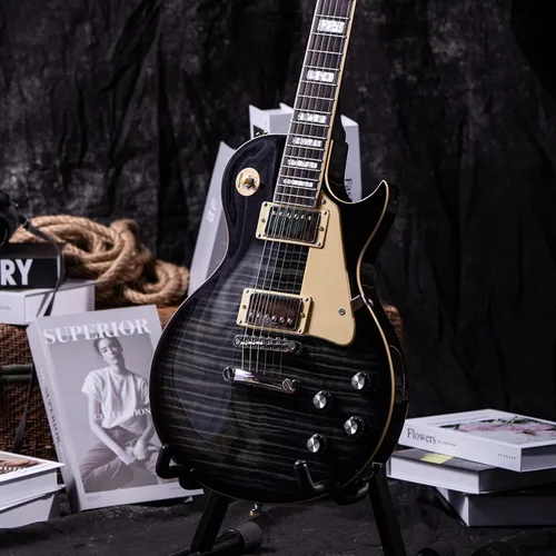 Miniatura 4 de Grote Guitarra eléctrica de cuerpo sólido LPYS-006 con mástil de arce, trastes de acero inoxidable, ideal para todos los niveles, con bolso de Negro