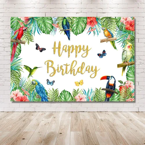 Miniatura 6 de MEHOFOND Telón de fondo de cumpleaños de pájaro tropical, tucán de verano, hojas de palma, purpurina dorada, pancarta de feliz cumpleaños, fondo