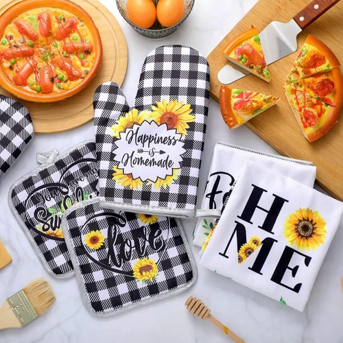 Miniatura 2 de Leinuosen Juego de 6 toallas de cocina con girasoles a cuadros, decoración y accesorios, juego de guantes de horno y soportes para macetas, paños