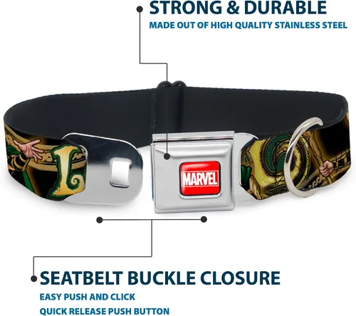 Miniatura 4 de Collar de perro hebilla de cinturón de seguridad Loki Poses Negro Oro Verde 9 a 15 pulgadas 1.0 pulgadas de ancho
