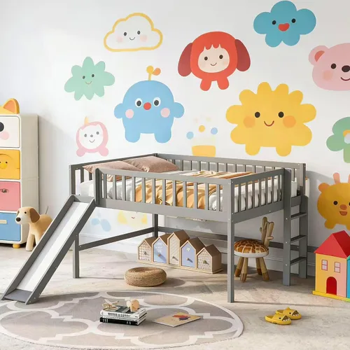 Miniatura 10 de Harper & Bright Designs Cama alta baja con tobogán, cama individual tipo loft para niños con barandilla de seguridad y escaleras, marco de cama