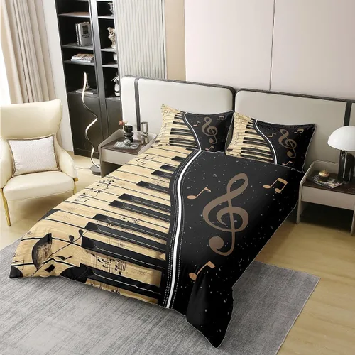 Miniatura 3 de Juego de ropa de cama tamaño King 100% algodón con notas musicales de piano y clave musical, juego de ropa de cama para niños y niñas, diseño retro