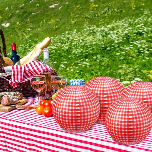 Miniatura 6 de Blulu Juego de 6 piezas de decoración de fiesta de pícnic a cuadros rojos de 12 pulgadas, linternas de papel redondas a cuadros para I Do BBQ Pizza