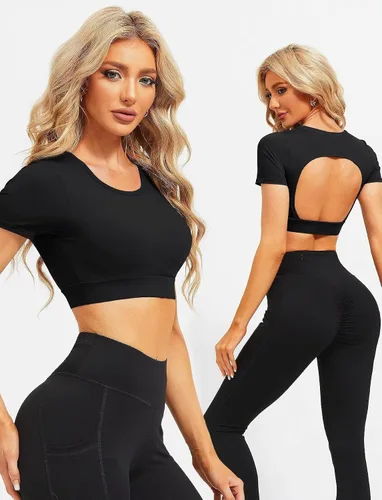 Miniatura 3 de TZLDN Camiseta corta de entrenamiento para mujer, sin costuras, para yoga, gimnasio, manga larga, deportiva, ajustada