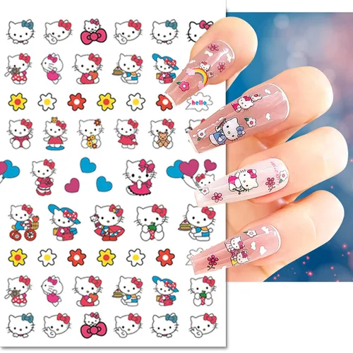 Miniatura 5 de Calcomanías de uñas bonitas, 8 hojas de calcomanías de uñas de dibujos animados kawaii 3D, autoadhesivas, diseño de gato, dijes de uñas acrílicas