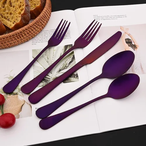Miniatura 2 de JASHII Juego de cubiertos de 20 piezas con acabado satinado, servicio para 4, juego de cubiertos de titanio, juego de utensilios de color morado