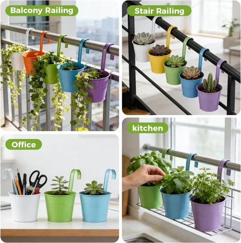 Miniatura 6 de Paquete de 12 macetas de balcón para colgar, maceta colorida de 4 pulgadas, soporte pequeño para plantas colgantes para interiores y exteriores