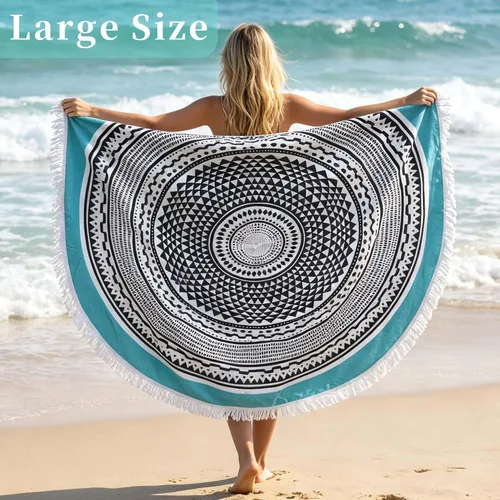 Miniatura 5 de VOOVA & MOVAS Toallas de playa redondas con borlas, manta bohemia extra grande de 59 pulgadas - 100% algodón De gran tamaño Tapete suave, negro