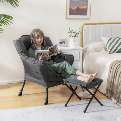 Miniatura 4 de Giantex Silla perezosa con otomana, sofá decorativo con reposapiés plegable, bolsillo de almacenamiento lateral, sillón tapizado de ocio con Gris