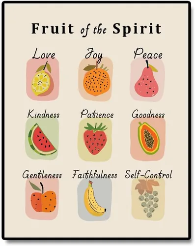 Arte de pared Fruit of the Spirit, impresión artística de frutas, decoración cristiana retro para el hogar, impresión de escritura vintage, arte de