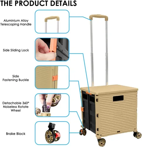 Miniatura 4 de Carrito plegable con ruedas, resistente al desgaste, sin ruido, carrito de compras con ruedas para comestibles, caja de herramientas de Caqui