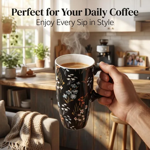 Miniatura 7 de Topadorn Taza de viaje de cerámica negra de 17 onzas con tapa, taza de café floral oscuro, apta para microondas y lavavajillas, caja de regalo