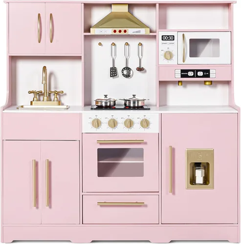 Kinder King Cocina de madera para niños, juego de cocina de juguete para niños pequeños, juego de cocina con sonidos reales, máquina de café de Rosa