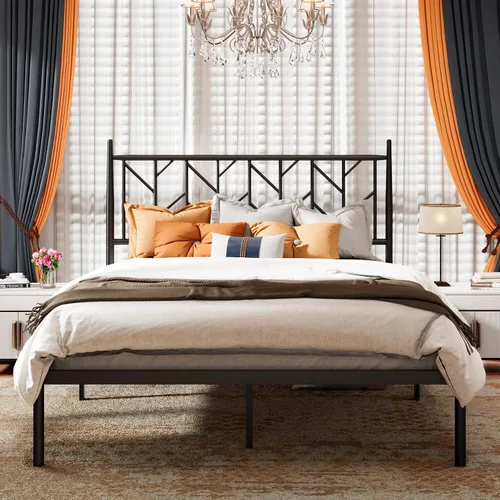 MUTICOR Base de cama de plataforma de metal tamaño matrimonial con cabecera vintage, soporte de listones de acero resistente, base de colchón, sin