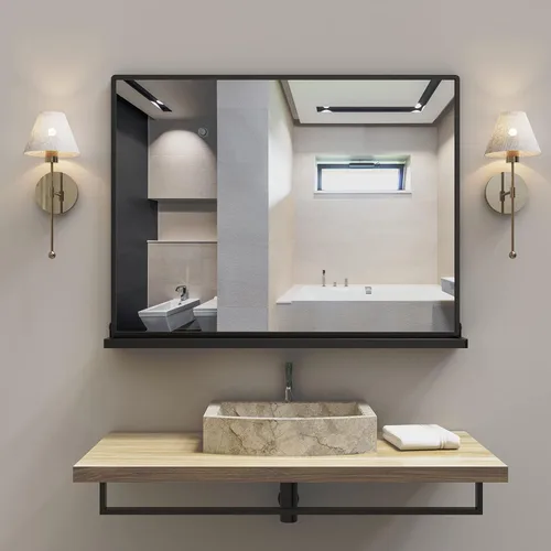 Miniatura 12 de ANYHI Espejos de baño para pared, espejo de pared de metal con estante, perfecto para sala de estar, dormitorio, entrada, rectangular, vertical Negro