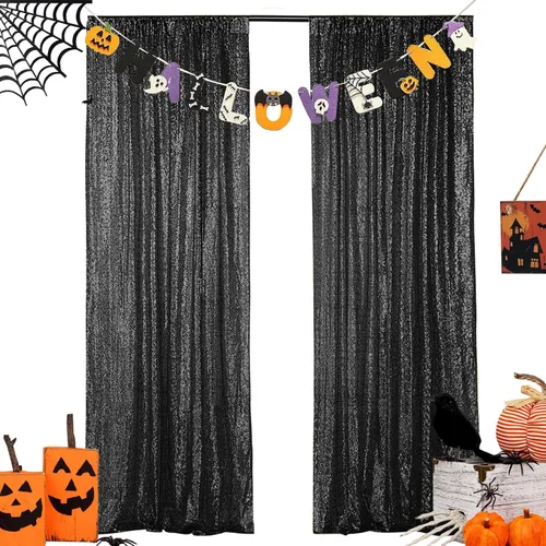 Hahuho - Cortina de fondo de lentejuelas negras, 2 piezas de 2 pies x 8 pies, cortina de fondo con purpurina para fiestas, Navidad, boda, decoración