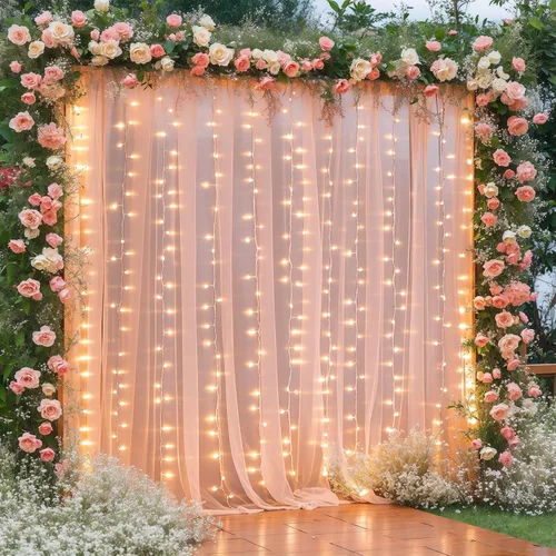 Miniatura 19 de Cortina de telón de fondo de tul negro de 10 x 10 pies con cadena de luces para fiestas, cortinas de fondo de fotos transparentes para bodas