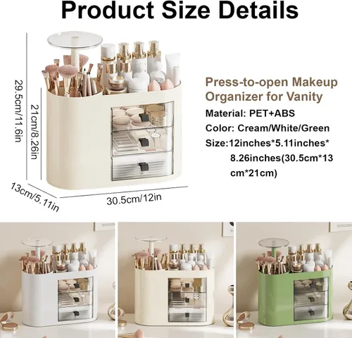 Miniatura 6 de DASITON Organizador de maquillaje con 3 cajones, soporte automático para brochas de maquillaje con tapa, organizador de maquillaje de gran capacidad