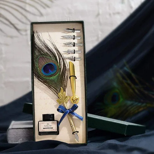 Miniatura 3 de Juego de bolígrafos de plumas de pavo real, caligrafía antigua, bolígrafo de inmersión de tinta con soporte, tinta y 5 puntas de repuesto en caja