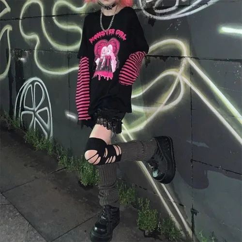 Miniatura 4 de PAROSEN Camisa gótica para mujer, camisas kawaii Harajuku moda gótica Y2K Grunge Tops para adolescentes niñas Anime manga larga