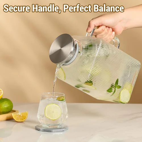 Miniatura 5 de Jarra de vidrio cuadrado grueso de 1 galón con tapa, jarras de agua clásicas a rayas para refrigerador, jarra de vidrio de borosilicato para bebidas