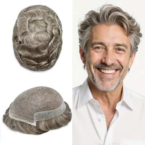 Miniatura 12 de LYRICAL HAIR Sistema de cabello humano con encaje frontal francés para hombres, tupé de piel de polietileno para hombres, línea capilar natural
