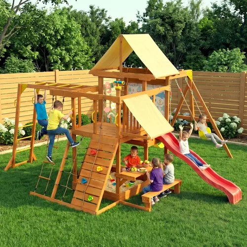 Miniatura 8 de Conjuntos de columpios para niños para el patio trasero, juegos de patio de madera para edades de 3-6 con un tobogán de ola, pared de escalada
