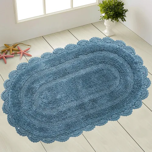 Chardin home Alfombra de baño de ganchillo azul provincial, 100 % algodón, ovalada con borde de ganchillo hecho a mano, 21 x 34 pulgadas, alfombra
