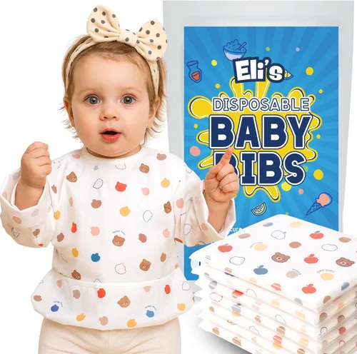 Miniatura 9 de Eli with Love Disposable Bibs Individually Wrapped Bib with Crumb Catcher - Waterproof Baby Bibs For Feeding Unicornio - Manga Corta