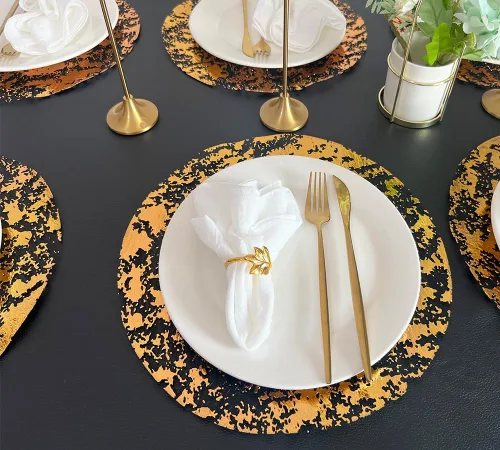 Miniatura 3 de Manteles Individuales Desechables Black Gold de 13 Pulgadas Redondos de Papel Metálico Prensado, Paquete de 24 Doilies Manteles Delgados para Mesa