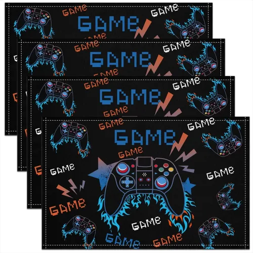Juego de 4 manteles individuales de videojuegos de 12 x 18 pulgadas, patrón de consola de juegos de dibujos animados, alfombrillas de cocina para