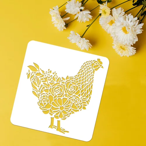 Miniatura 3 de FINGERINSPIRE Plantilla de dibujo de gallo de pollo con flores y hierba, plantilla de pintura de plástico PET de 11.8 x 11.8 pulgadas