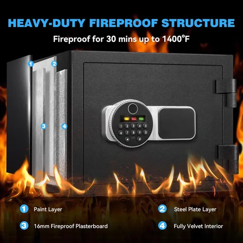 Miniatura 2 de Caja fuerte ignífuga de 2.0 pies cúbicos para el hogar, caja de seguridad con cerradura biométrica de huellas dactilares, teclado digital, estante