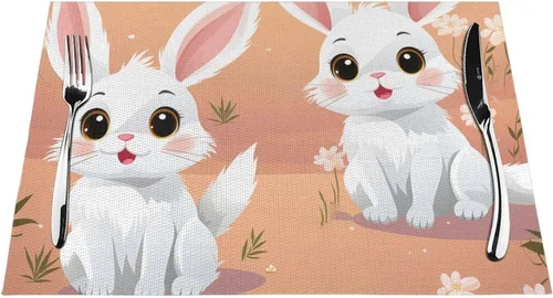 Miniatura 7 de 6 PCS PVC Placemats Set Place Mats Cute White Bunnies Non-Slip Weave Place Mats 12" x 18" Farmhouse Table Mat Set for Family Dinners Wedding Parties