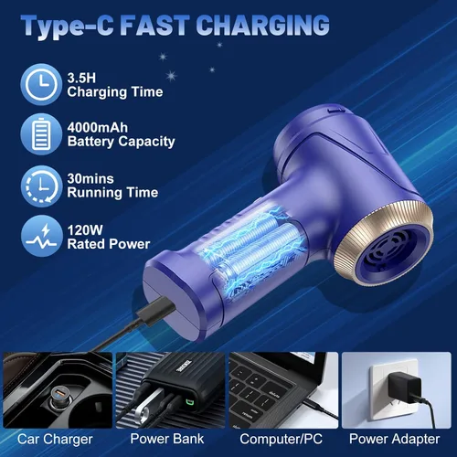 Miniatura 3 de Aspiradora de Mano Inalámbrica para Automóvil 16000Pa 4 en 1 Aspiradora Portátil y Soplador de Aire con Luz LED 120W de Alta Potencia - Múltiples