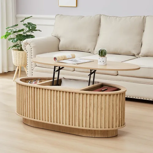 Mesa auxiliar ovalada de 43.3 pulgadas, mesa de centro acanalada con compartimento de almacenamiento oculto, mesa de comedor moderna de mediados de