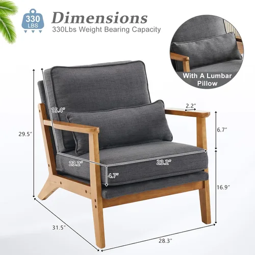 Miniatura 2 de VINGLI Juego de 2 sillas decorativas de madera maciza con reposabrazos anchos, sillas modernas tapizadas de mediados de siglo con almohada, silla