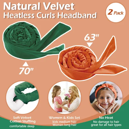 Miniatura 3 de Cintillo rizador sin calor para la noche, rizadores de pelo sin calor de 70 pulgadas para cabello medio largo, verde y naranja